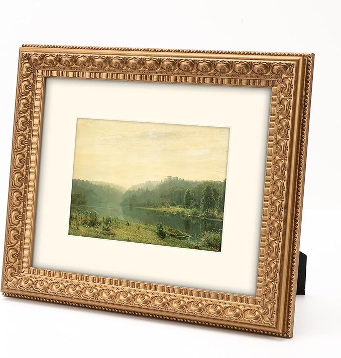 8x10 in Antique Gold Ornate Vintage Wood Picture Frame, Matted for 5x7 Photos, Real Glass Protection, Tabletop or Wall Mounting Display