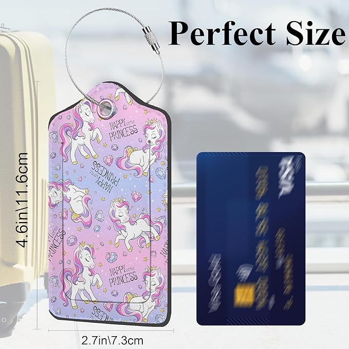 Art Watercolor Unicorns 2 Pack PU Leather Luggage Tags with Stainless Steel Loop, Funny Travel Labels with Privacy Cover ID Label for Quick Spotting