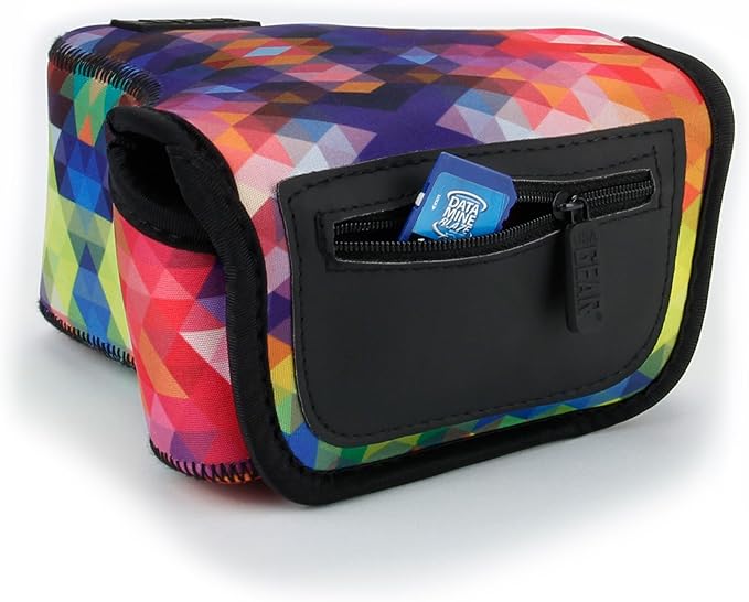 USA Gear Camera Sleeve (Medium) for Compact SLRs Compatible with Canon EOS R100 Nikon Z30 Sony ZV-E10, and more - Padded Neoprene DSLR Case with Zipper Accessory Pocket & Belt Loop (Geometric)
