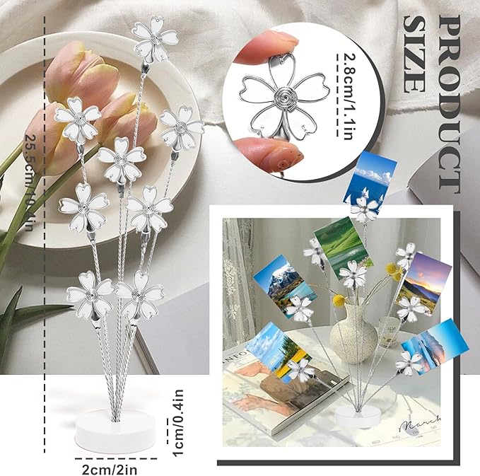 8 Branch Photo Tree Clip, Flexible Photo Frame Stand with Clips for Note Paper Wedding Photo Display Office Decoration (White)