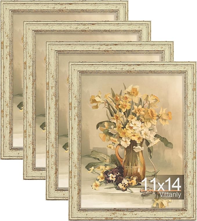 Vittanly 11x14 Picture Frame Set of 4, Vintage Photo Frame for Wall Mount, Display 8x10 Pictures with Mat or 11x14 without Mat, Rustic Farmhouse Home Decor, Green Gold