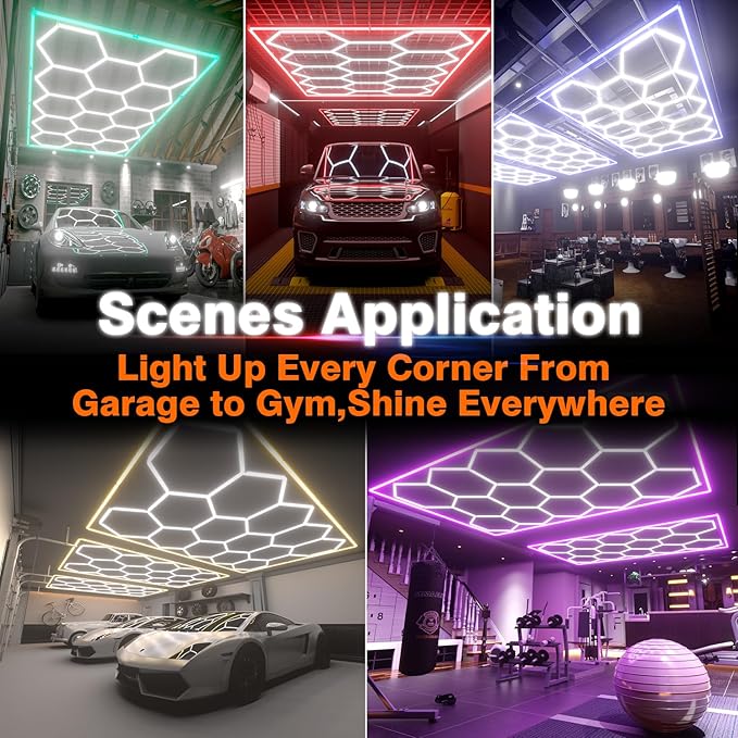 Hexagon Garage Lights, 14 Grids Hexagon LED Lights with Rectangle Frame, 603W 6500K Super Bright Honeycomb Light for Warehouse, Car Detailing Shop, Exhibition Hall, Gym(Green)