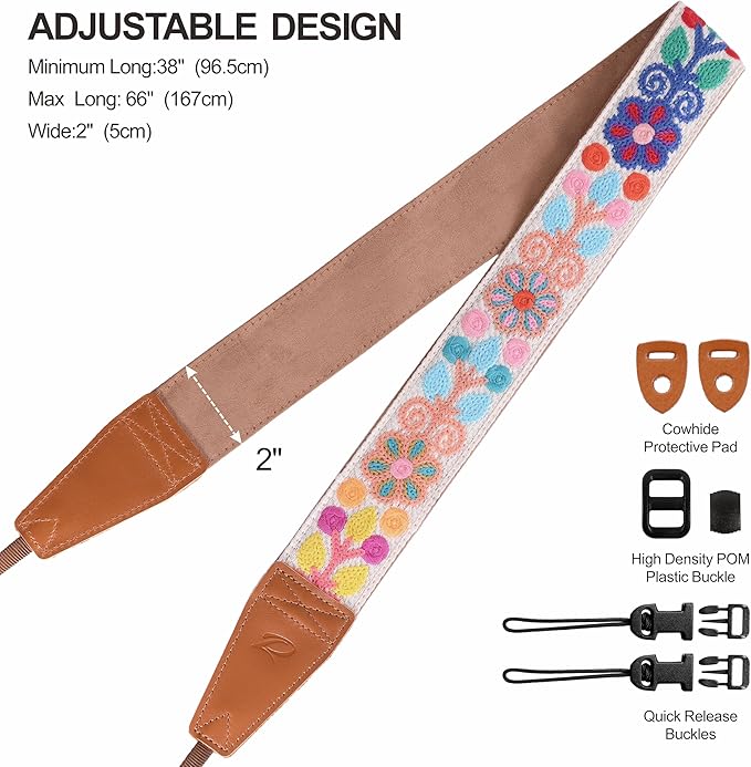 Padwa Lifestyle Colorful Crochet Camera Strap - 2" Full Grain Leather Ends Camera Straps for Photographers, Vintage Woven Cotton Soft Suede Fabric Padded Strap with Quick Release fits All Cameras