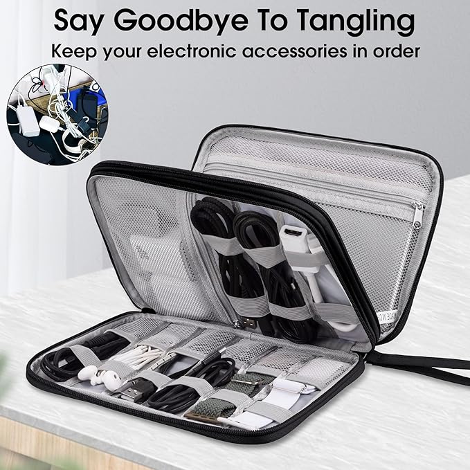 Arae Electronic Accessories Organizer, Travel Essentials Cable Bag with Double-Layer Storage for Cables, Cards, Chargers - Black, L