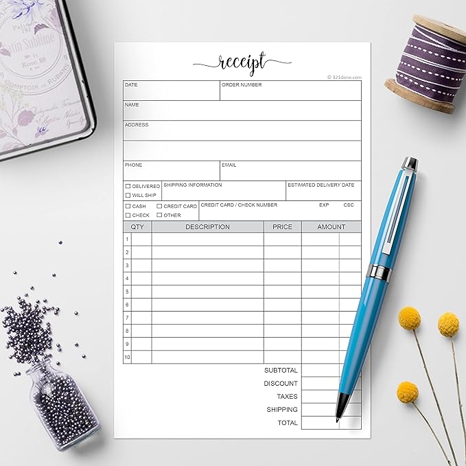 321Done 2-Part Carbonless Receipt Pad 5.5x8.5, Made in USA, Carbon Duplicate Copy Sales Order Form, Invoice Booklet, Cute Convenient for Small Boutique Business (50 Sets) White/Yellow