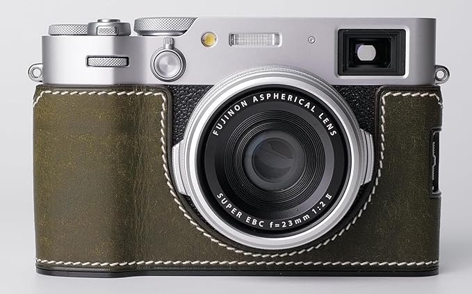 Genuine Leather Camera Half Case for Fujifilm X100VI - Top Layer Cowhide Body + Metal Base Plate - Hand Shank Free Design (Dark Green)