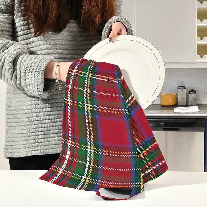 Christmas Tartan Plaid Striped Pattern Kitchen Dish Towels Set of 4, Tea Towels Absorbent Microfiber Cleaning Cloth Decorative Quick Dry