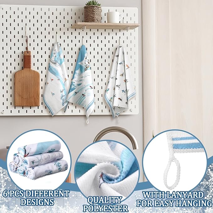 Preboun 6 Pcs Winter Ski Kitchen Towels Winter Decorative Christmas Hand Towels White Cold Color Ski Themed Dish Cloth Farmhouse Tea Cloth Kitchen Accessories Bathroom Decor Souvenir Gifts