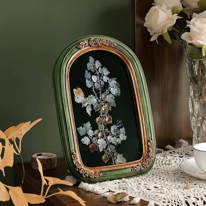 Cuspin 8x10 Vintage Picture Frame, Ornate Green and Gold Frames, Hand-Crafted Flower Textured Resin Frame with Glass Front for Wall Hanging and Tabletop Display Home Decor