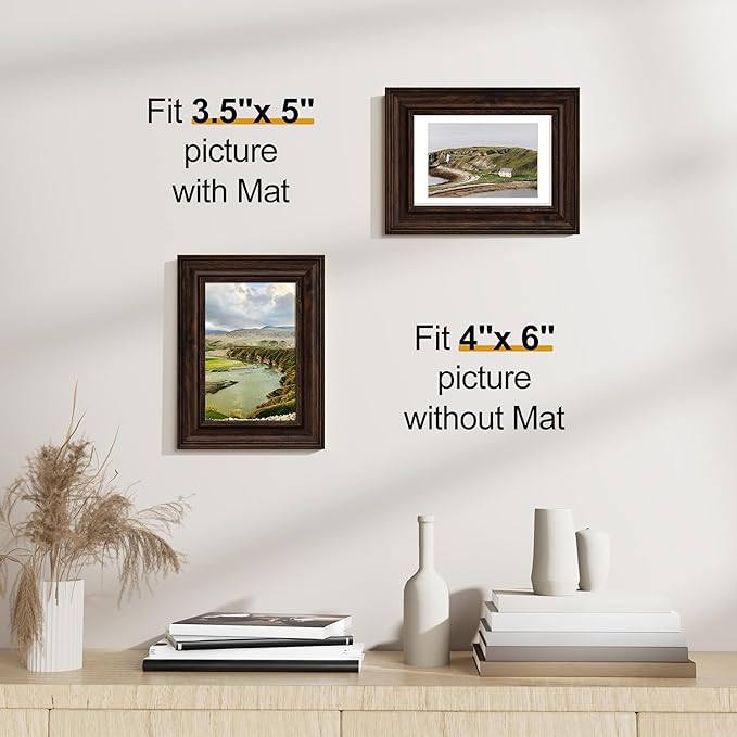 Vittanly 4x6 Picture Frames Set of 2, Ornate Vintage Photo Frame for Wall or Tabletop, Display 3.5x5 Pictures with Mat or 4x6 without Mat, Rustic Brown
