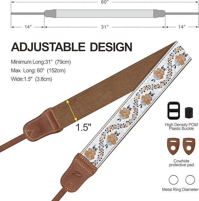 Padwa Lifestyle Camera Strap - 1.5" Crazy Horse Cowhide Head Cotton Strap,Vintage Embroidery Camera Straps for Photographers and All Cameras,Cute Adjustable Shoulder Neck Strap for Adults & Kids