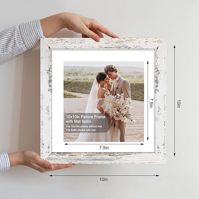 10x10 Picture Frame Set of 4, Made of Glass and Distressed White Wooden Frame - Display Picture 8x8 with Mat or 10 x 10 Without Mat, 10 by 10 Photo for Wall or Tabletop