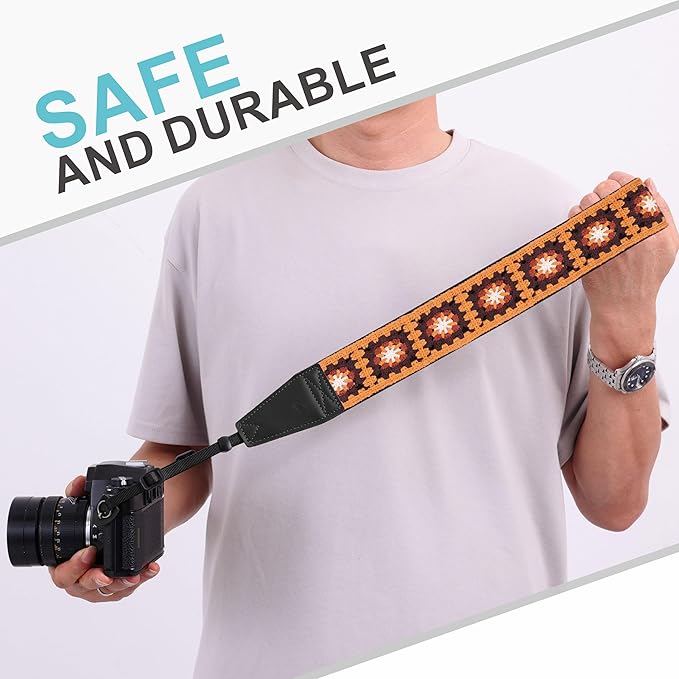 Padwa Lifestyle Yellow Crochet Camera Strap - 2" Full Grain Leather Ends Camera Straps for Photographers, Vintage Embroidered Cotton Soft Suede Fabric Padded Strap with Quick Release fits All Cameras