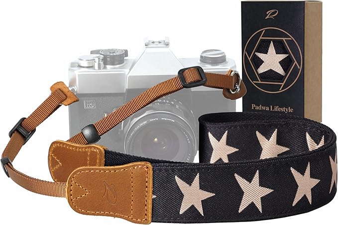 Padwa Lifestyle Pentagram Camera Strap - 1.5" Embroidered Star Cotton Crazy Horse Cowhide Head Camera Straps for Photographers and All Cameras,Cute Adjustable Vintage Woven Strap