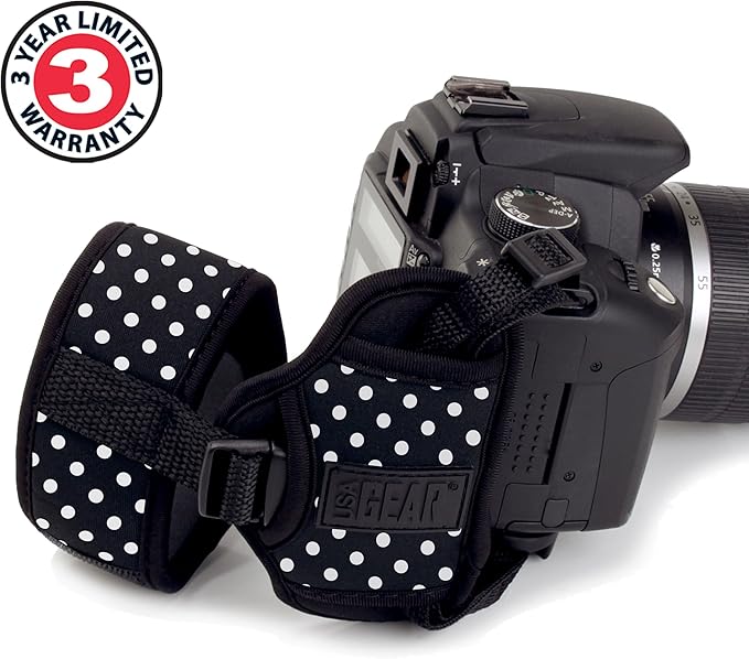 USA Gear DualGRIP Professional Grip Camera Hand Strap with Neoprene Design and Metal Plate - Compatible with Canon, Fujifilm, Nikon, Sony, and more DSLR, Mirrorless, Point & Shoot Cameras (Polka Dot)