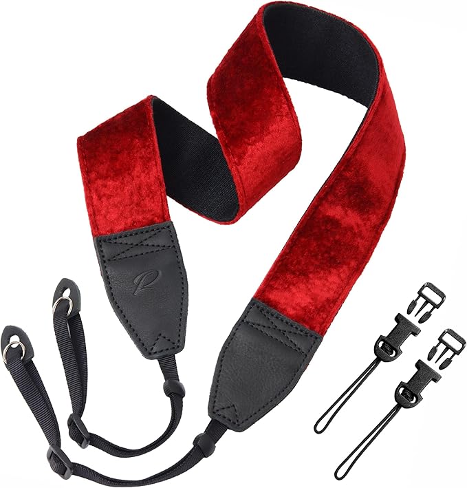 Padwa Lifestyle Velvet Camera Strap - 2" Double Layer Full Grain Cowhide Leather Head Camera Straps for Photographers,Unique Soft Velvet Fabric with Quick Release fits all Cameras - Ruby Red