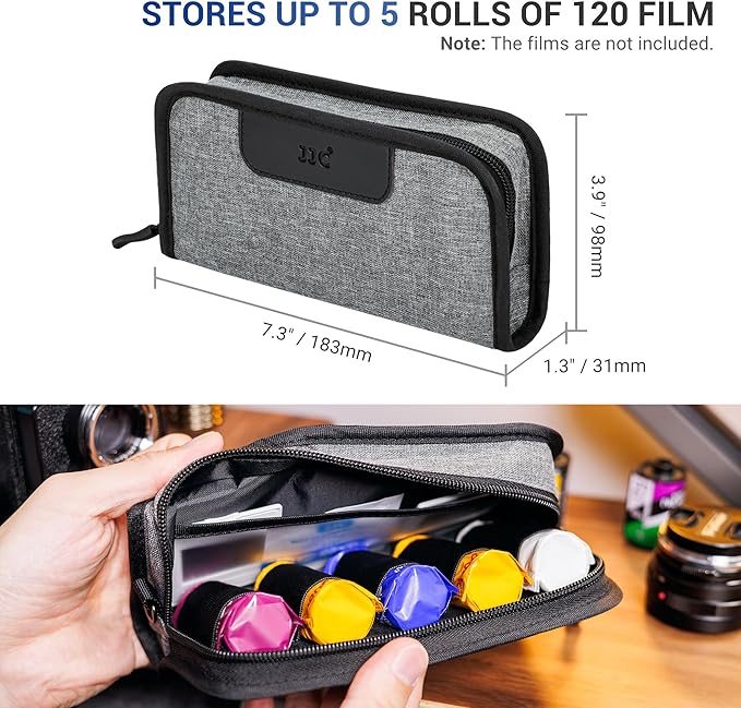 JJC Portable 120 Film Canister Pouch, Compact Film Carrying Case Storage Bag for 5 Rolls of 120 Medium-Format film, Compact Film Cassette Holder Container Storage Box with Belt Loop and Strap (No Film