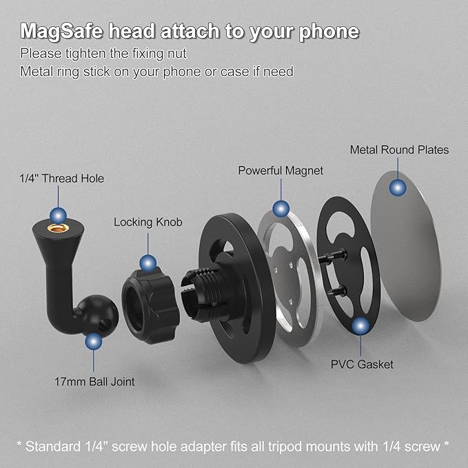 Magnetic Phone Tripod Mount Adapter with 1/4"-20 Screw Hole, Compatible with Magsafe for iPhone 17/16/15/14/13 Plus Pro Max Mini Series, Adjustable Phone Holder for Tripod, Ring Light, Selfie Sticks