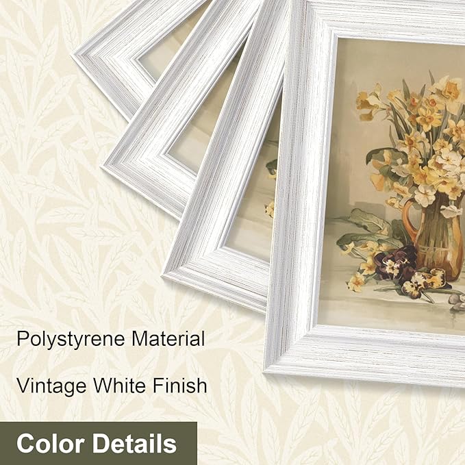 Vittanly 4x6 Picture Frame Set of 4, Vintage Photo Frame for Wall or Tabletop, Display 3.5x5 Pictures with Mat or 4x6 without Mat, Rustic Farmhouse Home Decor, Vintage White