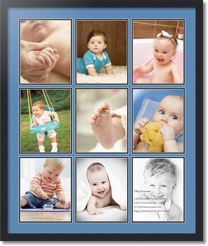 ArtToFrames Collage Photo Frame Double Mat with 9-8x10 Openings with Satin Black Frame and Liberty Blue mat.