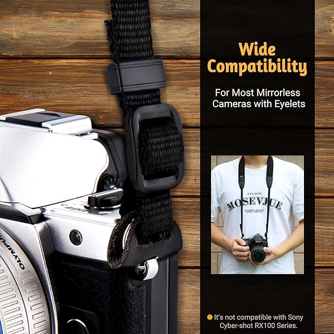 JJC Mirrorless Camera Neck Strap Shoulder Belt for Sony ZV-E10 A7C A6600 A6500 A6400 A7 IV III A7R V IV A7S III A9 II Fujifilm X-T5 X-T4 X-T30 II Nikon Z30 Z50 Canon M50 M6 M5 Mark II -Black