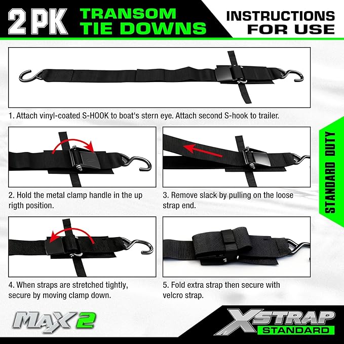 XSTRAP STANDARD 2PK 2''x 4' Adjustable Tie-Down Wide Webbing Rated Capacity: 1200 lb Moving Straps Tie Downs Marine Boat Strap Trailer with Hooks Prevent Corrosion Yet Easy