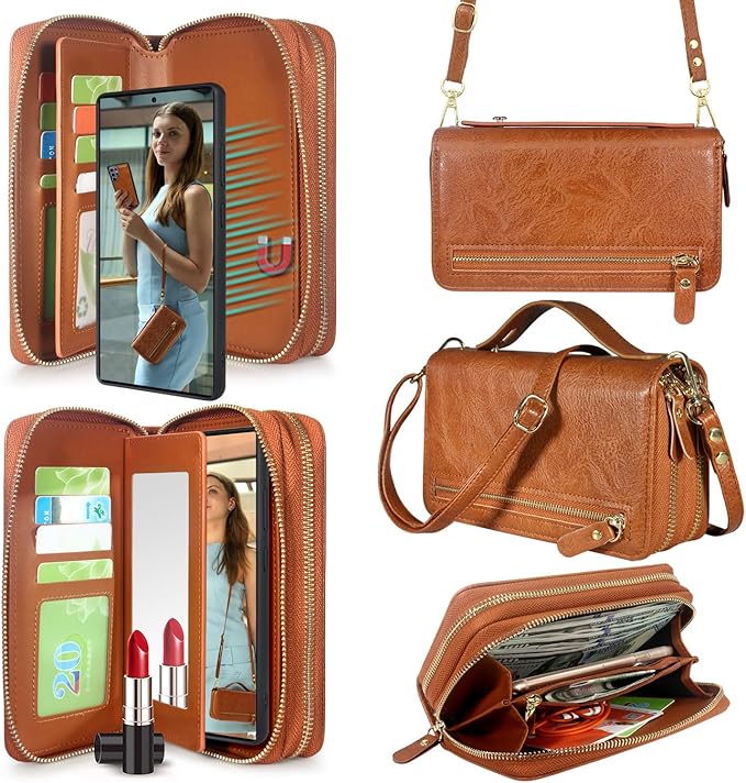 Harryshell Compatible with Samsung Galaxy S25 Ultra Case Wallet Multi Zipper Detachable Removable Cover Purse with Card Slots Holder Mirror Crossbody Wrist Strap for 6.9 inch (Light Brown)