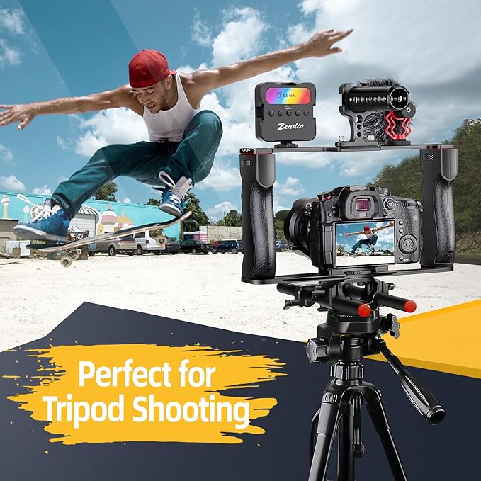 Zeadio Camera Video Rig Cage, Aluminum Filmmaking Movie Making Kit with Top Handle, Arca Type Base, 15mm Rod Guide, RGB Light&Microphone, Compatible with All DSLR Camera and Camcorder
