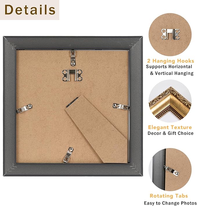 8x8 Vintage Picture Frame with 4x4 Mat Set of 2, Elegant Retro 8 by 8 Photo Frame with Shatter-Resistant Plexiglass for Wall or Tabletop Display, Gallery Decor & Gift, Gold, 2 Pack