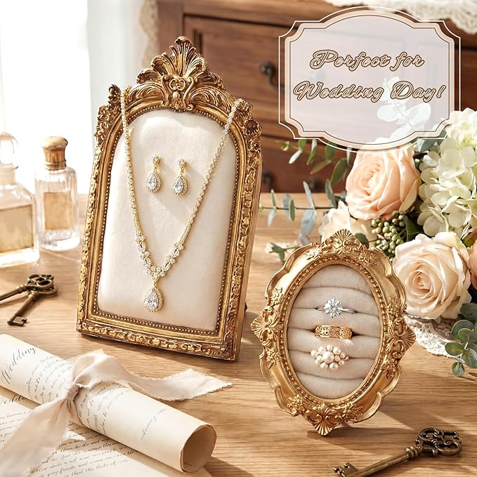 2 Pcs Vintage Ring Holder Jewelry Display Stand for Vendors Necklace Jewelry Organizer with Velvet Backing for Women Engagement Wedding Anniversary(Charming,White)