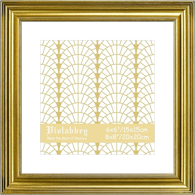 VIOLABBEY 8x8 Picture Frames Gold, Vintage Photo Frames Square, Fits Pictures 8 x 8 without Mat or 6x6 without Mat, Display for Tabletop and Wall