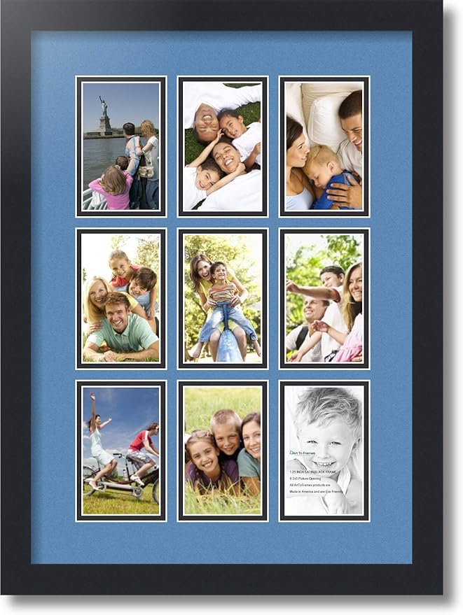 ArtToFrames Collage Photo Frame Double Mat with 9-3x5 Openings with Satin Black Frame and Liberty Blue mat.
