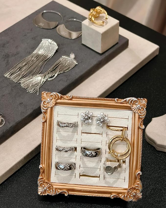 Jewelry Display Stand Vintage Ring Holder Box Earring Tray Retro Picture Frame Style Ring OrganizerJewelry Frame with Velvet