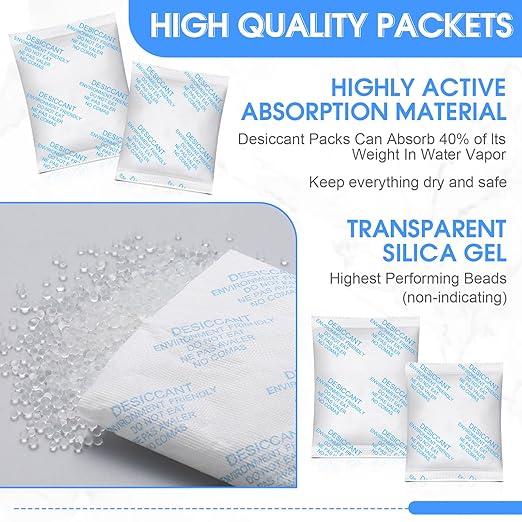 50 Pack 100 Gram 50 Gram Rechargeable Silica Gel Packets Desiccant Packs for Storage Food Safe Moisture Absorber Packs for Spices Jewelry Clothes Shoes Electronics Seeds Safes, Etc