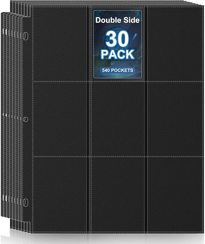 30 Pack 9 Pocket Page Protector,540 Pockets Black Card Binder Sheets, Trading Card Sleeves Pages Baseball for 3 Ring Binder, Sheets Standard Size Cards, Sport Game Business Cards