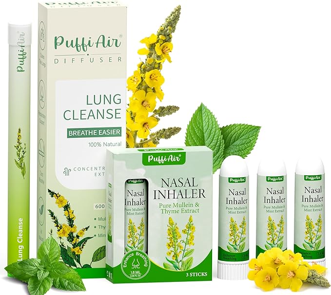 Mullein Respiratory Wellness Bundle: Herbal Lung Cleanse Diffuser (600 Uses) + 3-Pcs Nasal Sticks – Craving Relief, Focus Boost & Easy Breathing