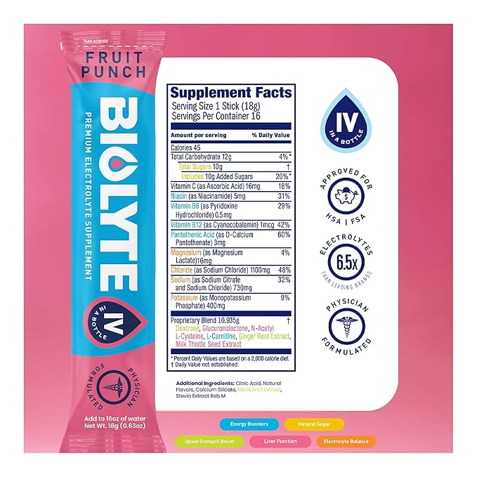 BIOLYTE IV Electrolyte Powder Packets, IV Liquid Drink Mix for Water, Doctor-Developed Hydration, Dehydration Relief, Chemotherapy Must Haves for Women, Men- Fruit Punch (16 Sticks)