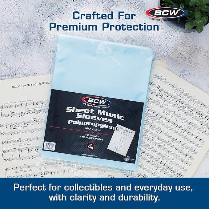 BCW Sheet Music Sleeves - Archival Quality, 100 Pack, 9 3/8x12 1/4 in