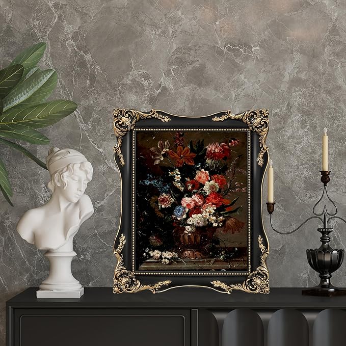 8x10 Black Vintage Picture Frame with Mat for 5x7 or 8 x 10 Photos, Ornate Baroque Gothic Victorian Frames, Tabletop or Wall Display, Antique Home Decor Accent