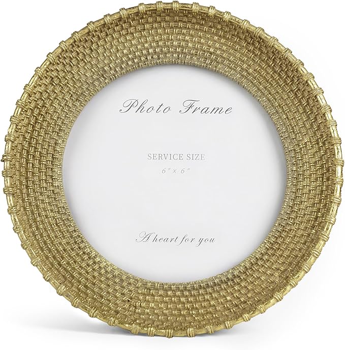 Cuspin Vintage Gold Picture Frame 6x6 Round Frame, Rattan Textured Hand-Crafted Resin Photo Frame with Glass Front, 6 inch Circle Frame for Tabletop Display & Wall Hanging, Retro Design Home Decor