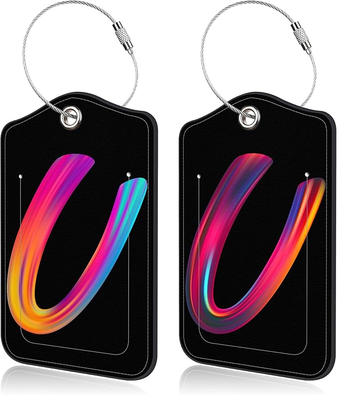 Luggage Tags for Suitcase,2 Pack Neon Colorful Letters Luggage Tags,Leather Baggage Tags Identifiers with Privacy Name Address Labels and Metal Loop for Women Men Girls Travel,Letter U