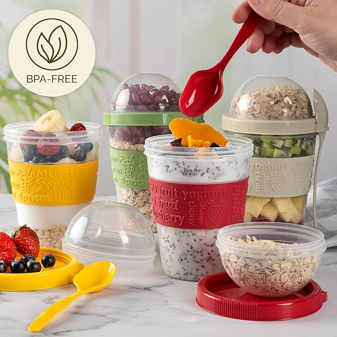 Crystalia 4 Pack 20 oz On The Go Yogurt Parfait Cups with Lids & Spoons, Overnight Oats Containers/Jars, Oatmeal Container to Go with Topping for Cereal, Milk, Yogurt, and Fruit Salad Storage (Large)