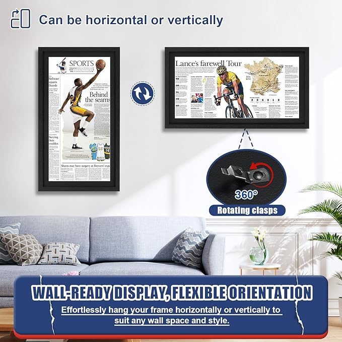 JupDec 11 × 22 Up to 13 × 24 Newspaper Frame, Premium Wood Display Case with Acrylic Panel, Wall Mount or Tabletop Stand, Perfect for Home & Office Decor, Ideal Gift for Collector, 6 Pack, Black
