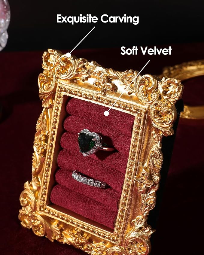 COOLYOUTH Vintage Ring Holder Ring Display Stand Frame Jewelry Organizer Velvet Tray for Jewelry (Medium-Red)