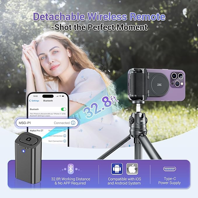 JJC Magnetic Phone Camera Grip Handle with Wireless Shutter Remote, Magsafe Camera Handle Bluetooth Bracket for iPhone Android Smartphone with 1/4” Tripod Screw for Video Photo Shooting (Pink)