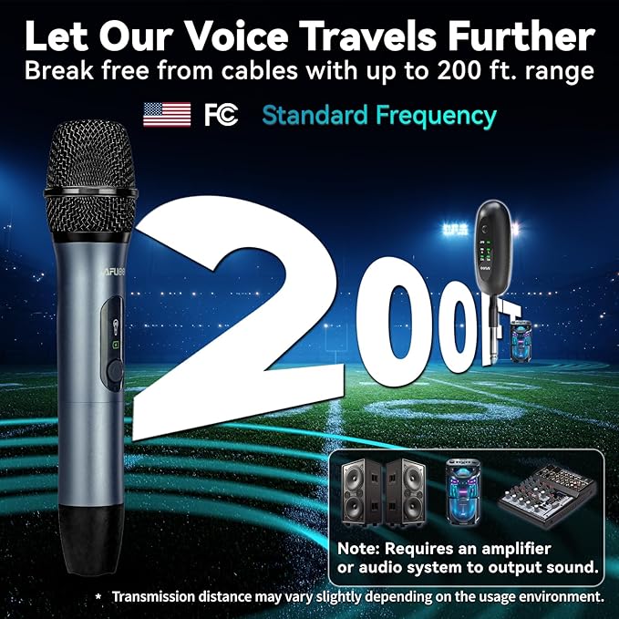 Wireless Microphone Set for Singing, Speech & Karaoke, 2.4GHz Dual-Mic Receiver, 200ft, Storage Bag Included, Metal Cordless Mic 2 Pack for Karaoke Machines, PA Systems, PartyBox, Gray-Blue