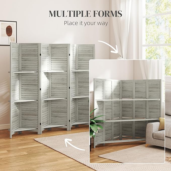 HOMCOM Room Divider, 6 Panel 67" Tall Wood Privacy Screen with 3 Display Shelves, and Folding Storage for Bedroom or Home Office, Distressed White