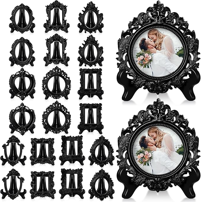 Tatuo 20 Sets Mini Picture Frames and Display Stands Vintage Resin Picture Frame Resin Holder for Home Office Bedroom Living Room Wedding Decor (Black)
