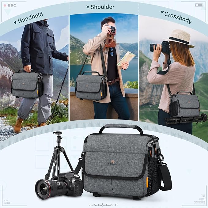 RAINSMORE Camera Bag for DSLR SLR Mirrorless Camera,Small Camera Sling Bag for Photographers Waterproof Camera Case with Tripod Holder Compact Camera Bag Crossbody with Rain Cover，Grey