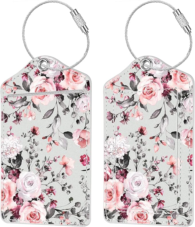 2 Pack Luggage Tag for Suitcases Leather Privacy Cover ID Label Suitcase Labels Identifiers with Stainless Steel Loop, Travel Bag Tags, Grey Flowers